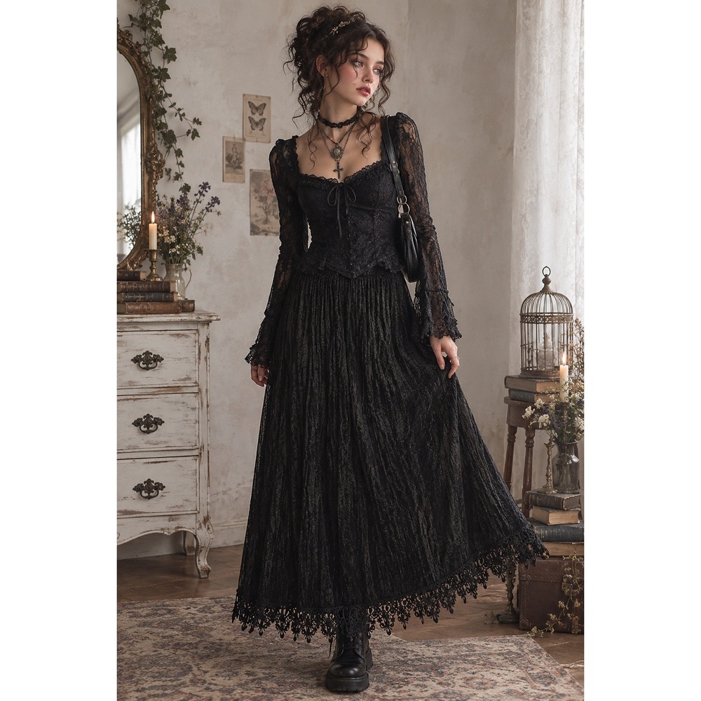 Vintage Whimsigoth Maxi Skirt Women L Lace Velvet Dark Romantic SteamPunk Black